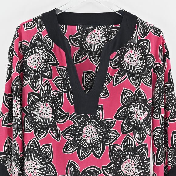 Hobbs Dress Sz S Silk Lightweight Pink Black Floral Kimono Style Mini Maximalist - Picture 2 of 12